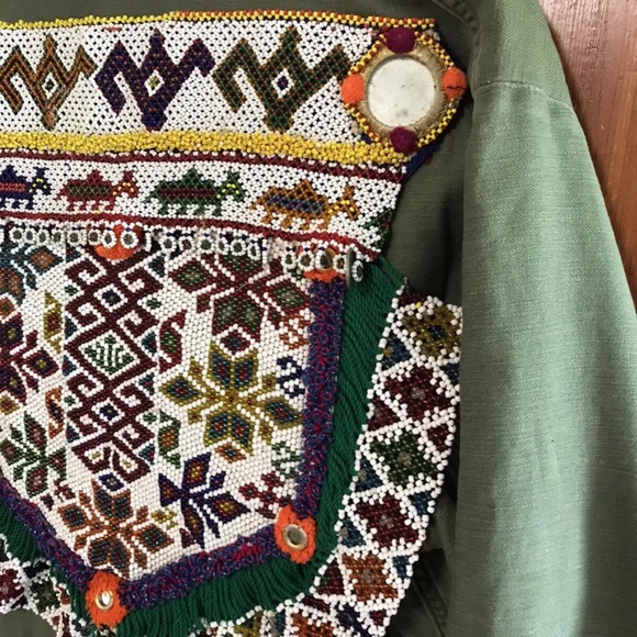 Rare Free People Women's Military OG 107 Beaded Bohemian Woodstock Army Shirt M - Picture 2 of 5